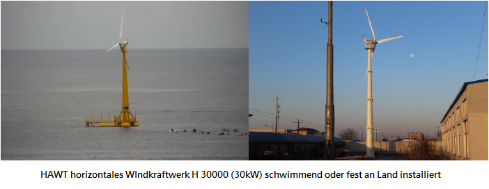 Kleinwindkraftanlage 30kW schwimmend oder fest an Land installiert
