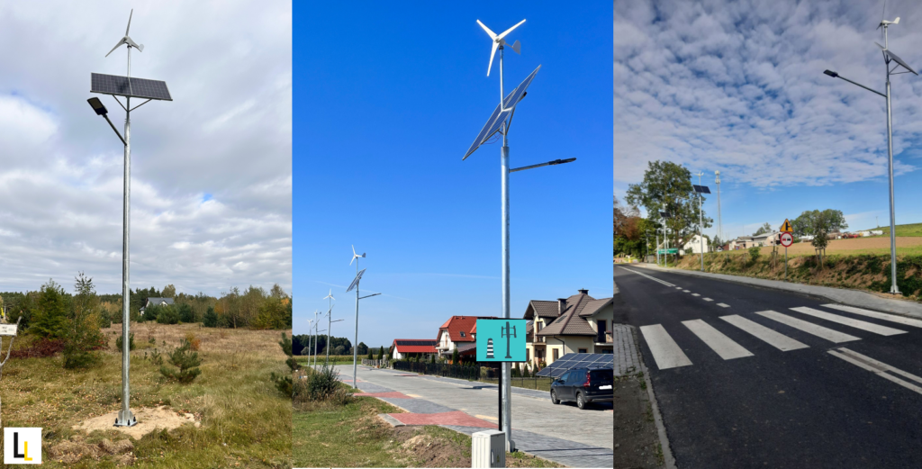 Beispiele für autarke Hybrid Straßenlaternen, mit HAWT H300, PV 300W und DT-LL Pfostensystem